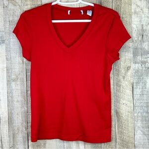 Tags Cut out Red Size Large V-Neck Short Cap Sleeve Tunic Top Stretchy